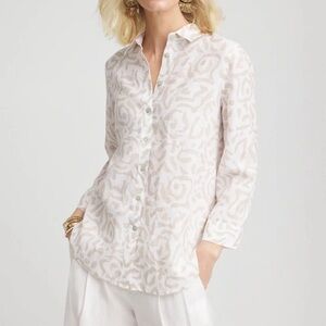 Chicos 100% No iron Linen Button Down Shirt Women’s size 2.5 14 cream print
